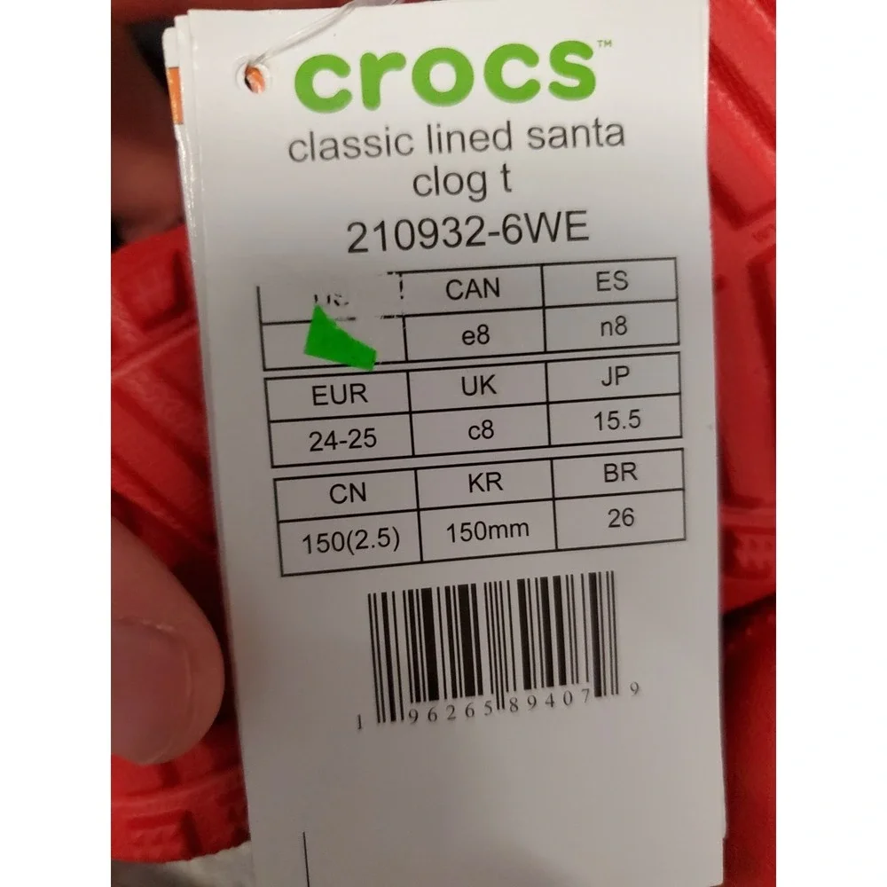Crocs Classic Lined Santa Clogs Sz‎ C8 8 Childrens Sandals Christmas Holiday